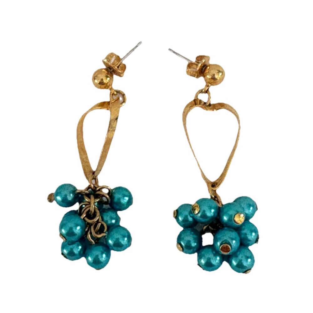 Elegant Gold Tone Teal Small Blue Cluster Faux Pearls Dangle Earrings